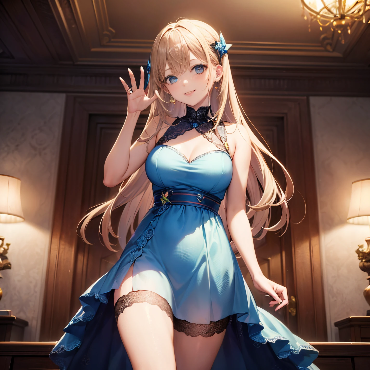((masterpiece:1.5)),((Finest quality)),(Ultra-high precision),8k picture, Top quality anime, Highest level of resolution,sharpnes, Light blue lace dress, smile, wave her hand, long hair, hair ornament