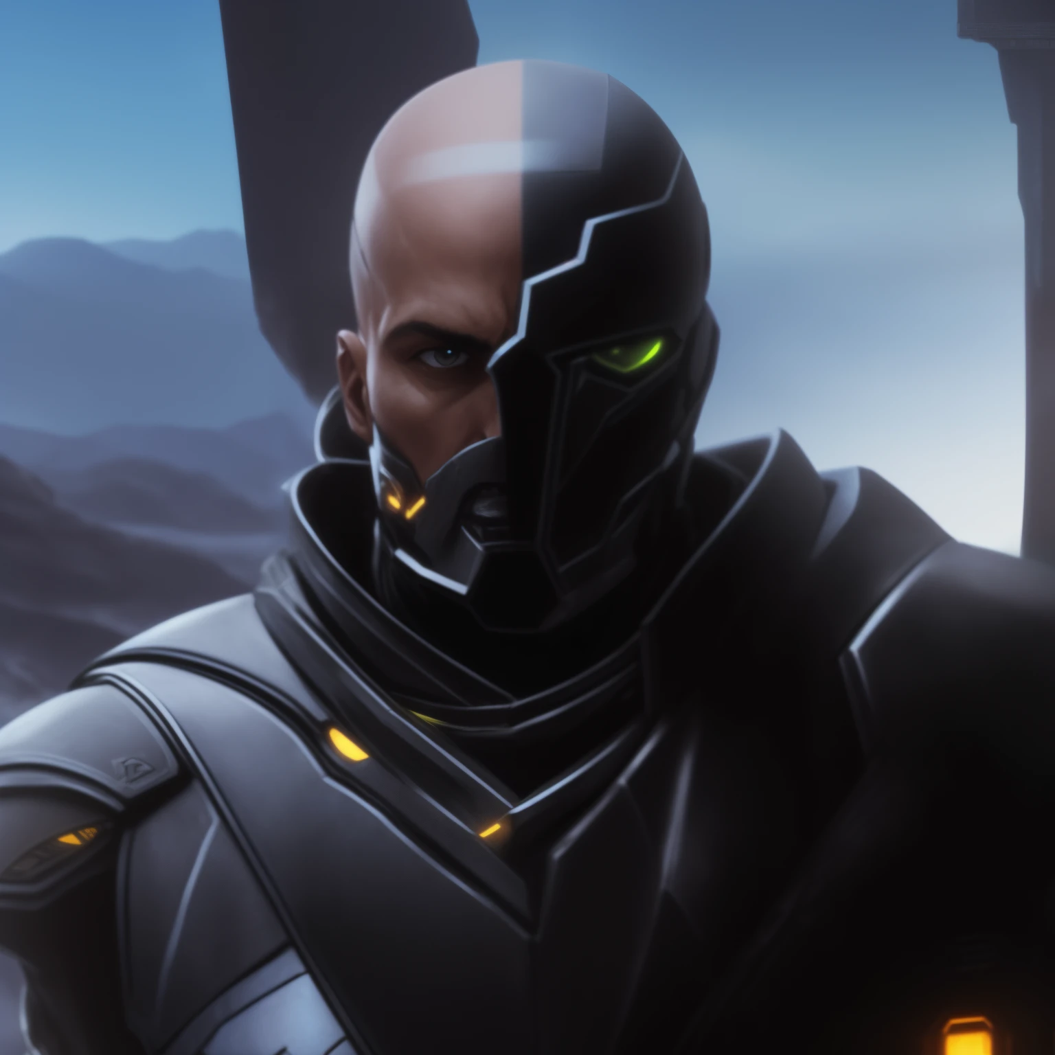 arafed man in a futuristic suit standing in front of a mountain, metabaron, turian, inspired by Rajmund Kanelba, bioware, starcraft 2 videogame character, clothed in sci-fi military armor, clothed in stealth armor, dren from splice, face of an armored villian, anfas portrait of a mech warrior