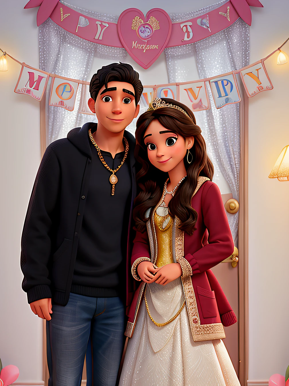 Disney princess birthday; su esposo tiene abrigo negro
