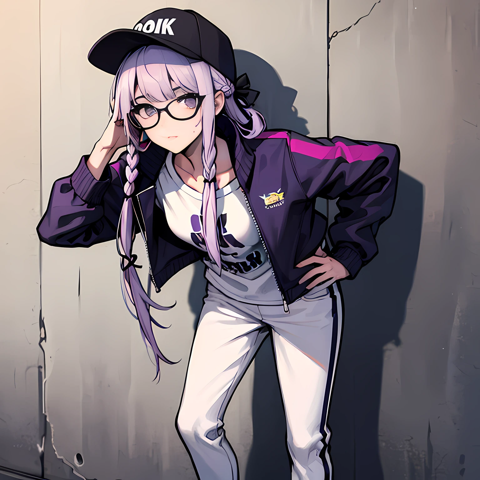 (absurdres, 8k, 4k, masterpiece, hyper extreme detailed:1.2), solo, front view portrait, best quality, portrait, solo, adult, cowboyshot, perfect anatomy, 1girl, perfect face, expressive eyes, perfect eyes, t-shirt, standing up, standing against wall, standing, kyoko kirigiri, (braid:1.1), hair behind ear, long hair, (side braid:1.1), light purple hair, hair ribbon, ribbon, (purple eyes:1.1), graphic t-shirt, streetwear, sweatpants, baseball cap, jacket, glasses full body, dynamic pose, forward view, looking at viewer, stoic, uninterested,