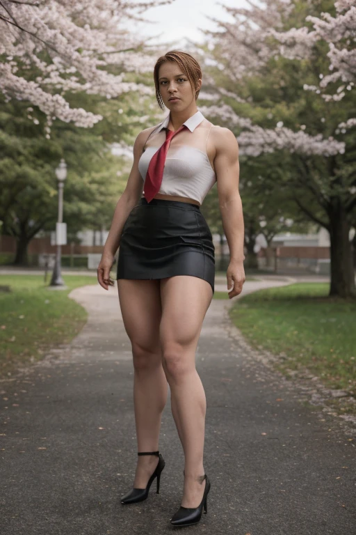 Resident evil, A heavily muscled iffb pro female bodybuilder, masterpiece, best quality,4girl,young girl, plum_pie eyes, brown, choppy bob,envious _face,shiny skin,medium breasts,nice leg line:1.3,thick thighs, thin waist,school uniform, thighhighs,necktie,((pencil skirt)),red color high heels, pantyhose, , Pathway_lined_with_blooming_cherry_blossom_trees,,looking at viewer,from below,full body, legsupsexms,