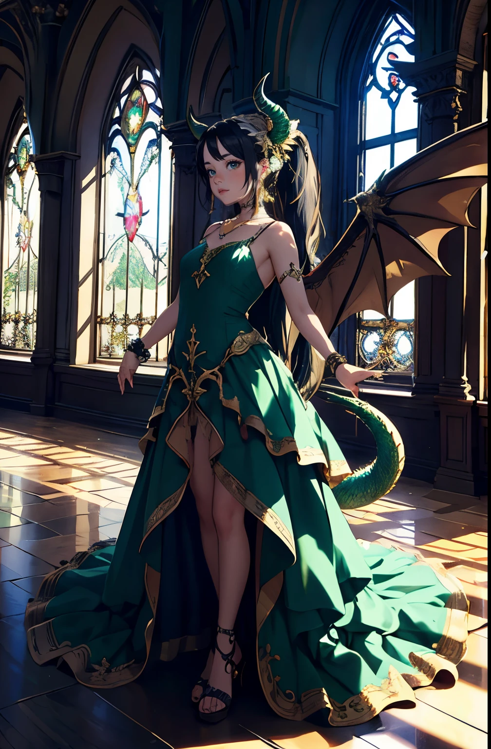 Standing, arm extended in a stop gesture,disgust,wide shot,mila, single_horn,tail, wings, jewelry, dress, dragon tail, green wings, bracelet, circlet,chapel,sunlight,(masterpiece, best quality, ultra-detailed, best shadow)