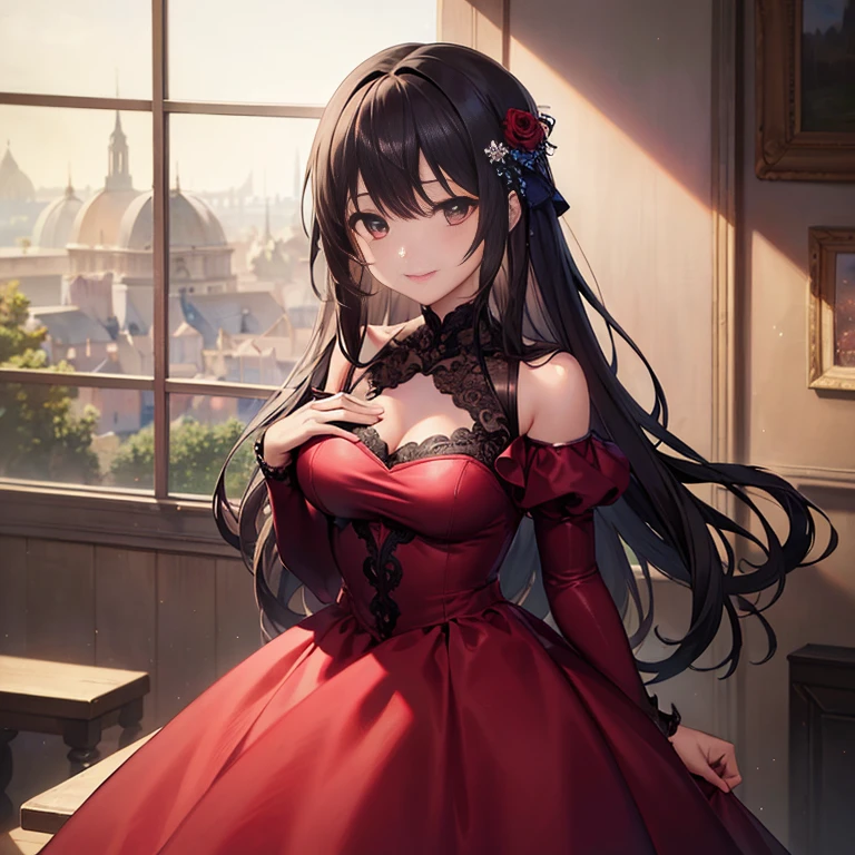 ((masterpiece:1.5)),((Finest quality)),(Ultra-high precision),8k picture, Top quality anime, Highest level of resolution,sharpnes, Light blue lace dress, princes dress, smile, long hair, hair ornament
