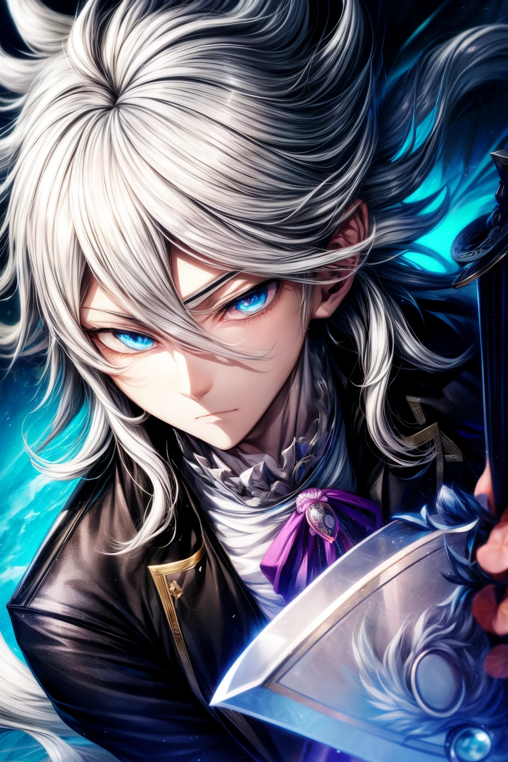 Close-up of a man with white hair and a sword, Komaeda Nagito, Inspired by Okumura Togyu, he has dark grey hairs, a silver haired mad, Tall anime character with blue eyes, inspirado em Okumura Masanobu, young anime man, male anime characters, Danganronba Komaeda Nagito