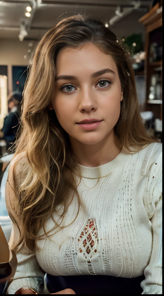 Beautiful Blonde In A White Sweater (In A Café While Drinking a Guinness), very detailed, 25-Years Old, wavy hair, green eyes, High Resolution, masterpiece, the best quality, intricate high detail, highly detailed, clear focus, detailed skin, realistic skin texture, texture, detailed eyes, professional, 4K, Lovely smile, fleshy lips, filmed in canon, 24 mm, shallow depth of field, soft colors, perfect, extremely detailed adjustment body, cinematographer _ \ (ultra \), photoreallistic, realstic, postprocess, maximum details, roughness, real life, ultra realistic, photorealism, cinematographer, 8K UHD, Cinematographer, perfect body, 3-Point Studio Lighting