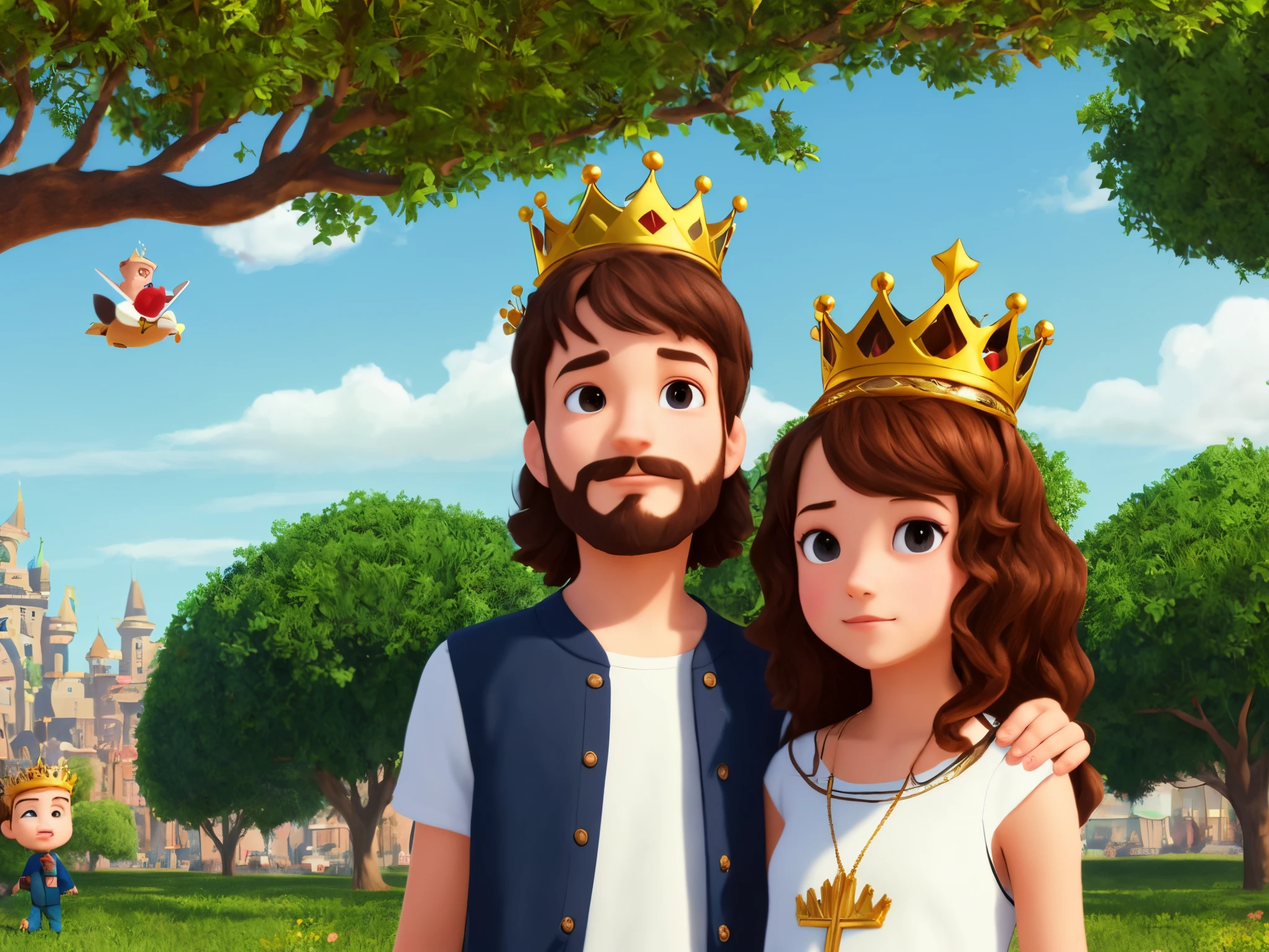Create Jesus and a boy and girl under a tree with crown of princes on their heads in esrilo pixar