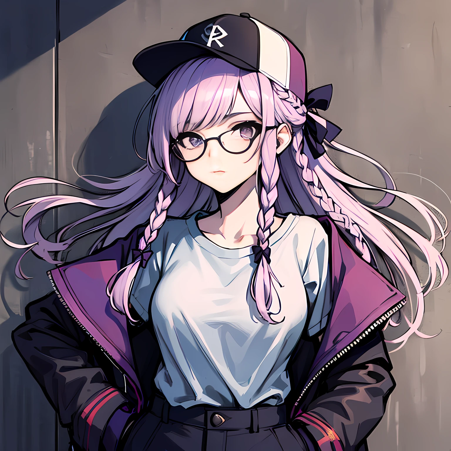 (absurdres, 8k, 4k, masterpiece, hyper extreme detailed:1.2), solo, front view portrait, best quality, portrait, solo, adult, cowboyshot, perfect anatomy, 1girl, perfect face, expressive eyes, perfect eyes, t-shirt, standing up, standing against wall, standing, kyoko kirigiri, (braid:1.1), hair behind ear, long hair, (side braid:1.1), light purple hair, hair ribbon, ribbon, (purple eyes:1.1), graphic t-shirt, streetwear, baseball cap, jacket, glasses half body, dynamic pose, forward view, looking at viewer, stoic, uninterested,