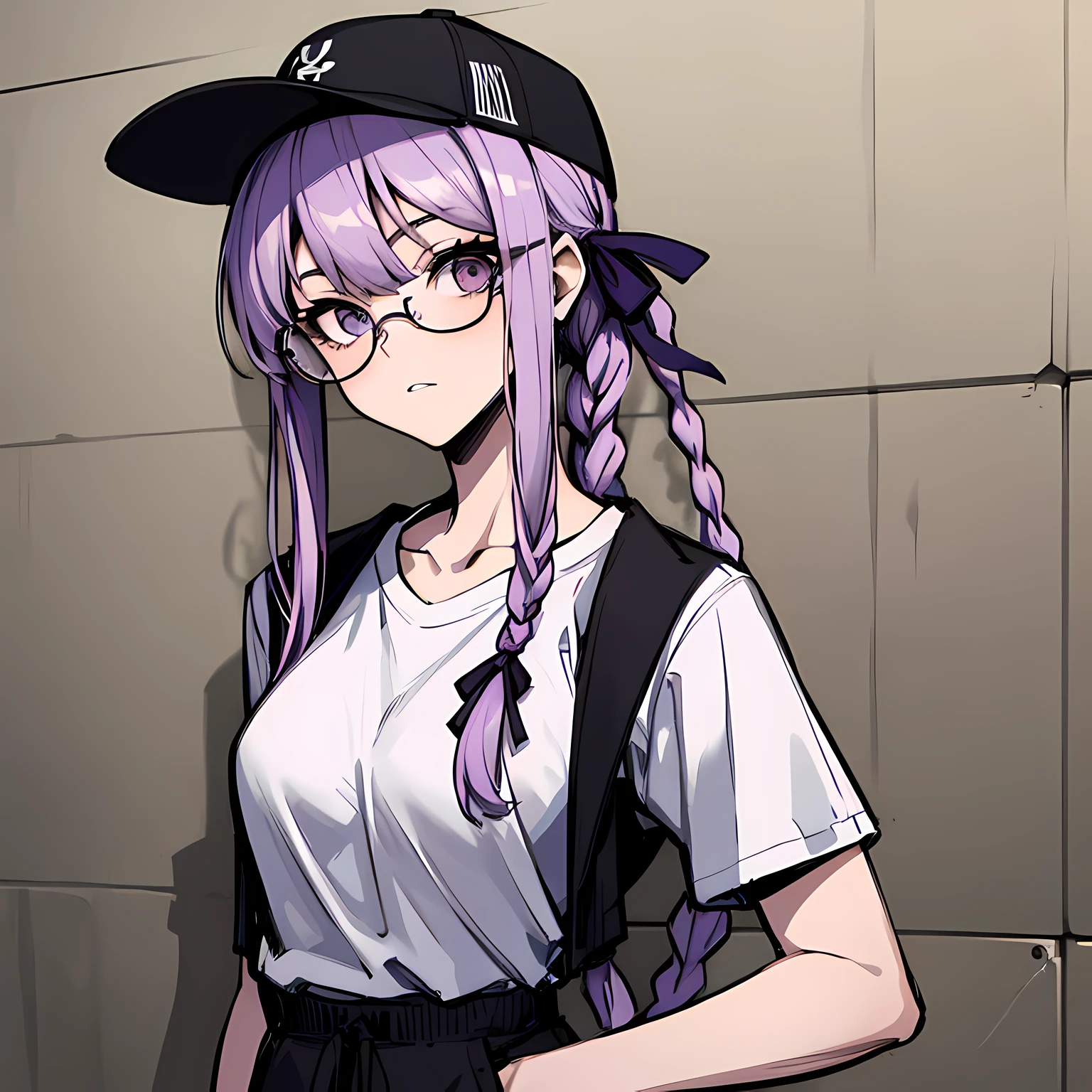 (absurdres, 8k, 4k, masterpiece, hyper extreme detailed:1.2), solo, front view portrait, best quality, portrait, solo, adult, cowboyshot, perfect anatomy, 1girl, perfect face, expressive eyes, perfect eyes, t-shirt, standing up, standing against wall, standing, kyoko kirigiri, (braid:1.1), hair behind ear, long hair, (side braid:1.1), light purple hair, hair ribbon, ribbon, (purple eyes:1.1), graphic t-shirt, streetwear, baseball cap, jacket, glasses half body, dynamic pose, forward view, looking at viewer, stoic, uninterested,