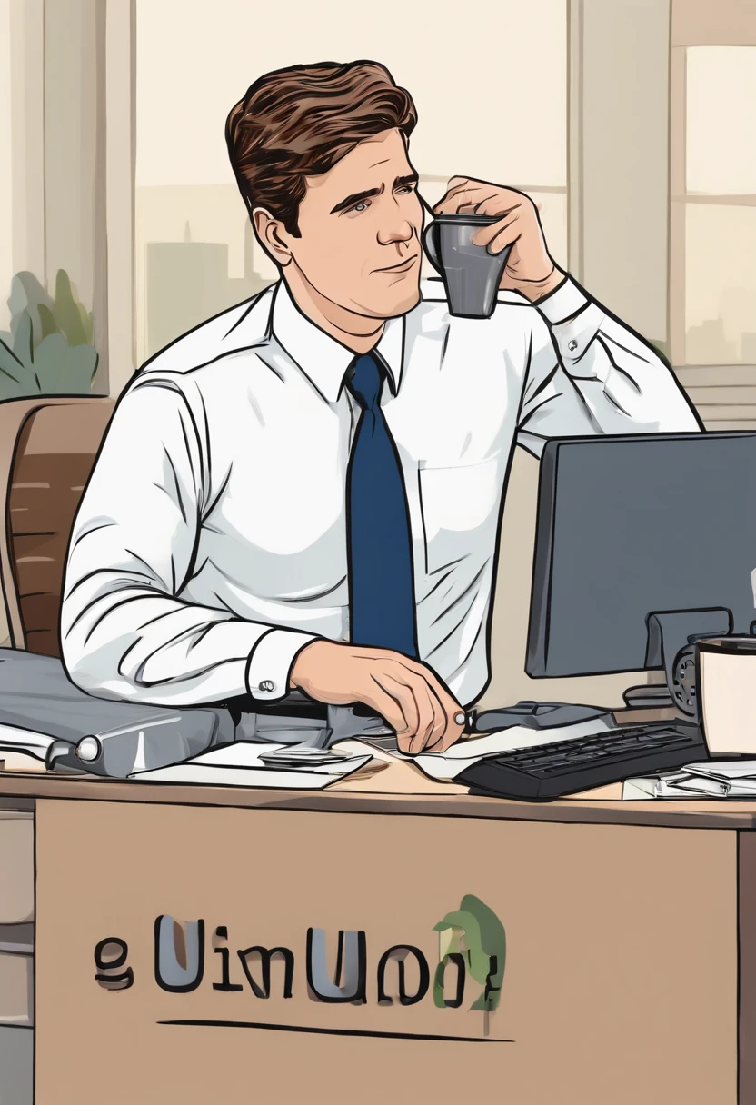 A photo of me putting googly eyes on everything at my desk, including my computer, stapler, and coffee mug,The Office (U.S. TV series),Jim Halpert, a fictional character from the U.S. television series “The Office,” is portrayed as a tall, lean figure with a boyish charm, often seen in standard office attire: a simple button-up shirt and tie. His hair is typically styled in a casual, slightly unkempt fashion, complementing his laid-back and approachable demeanor.