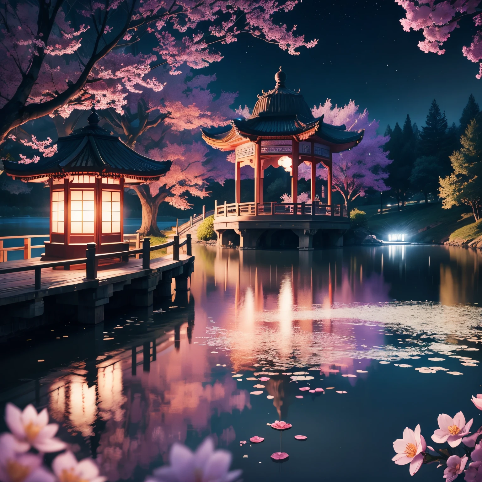 A gazebo on the lake,Sparkling water surface,the night,Huge moon background,Purple tones,Paper sculpture x1.5,Tilt-Shift,Cloud x1.3,Plum blossom x1.2,Soft lighting,Oriental elements,Dreamy,Pastel colors,Bright colors,Traditional Chinese color scheme,reasonable design,Clear lines,High sharpness,Best quality,Very detailed,Masterpiece,offcial art,movie light effect,4K