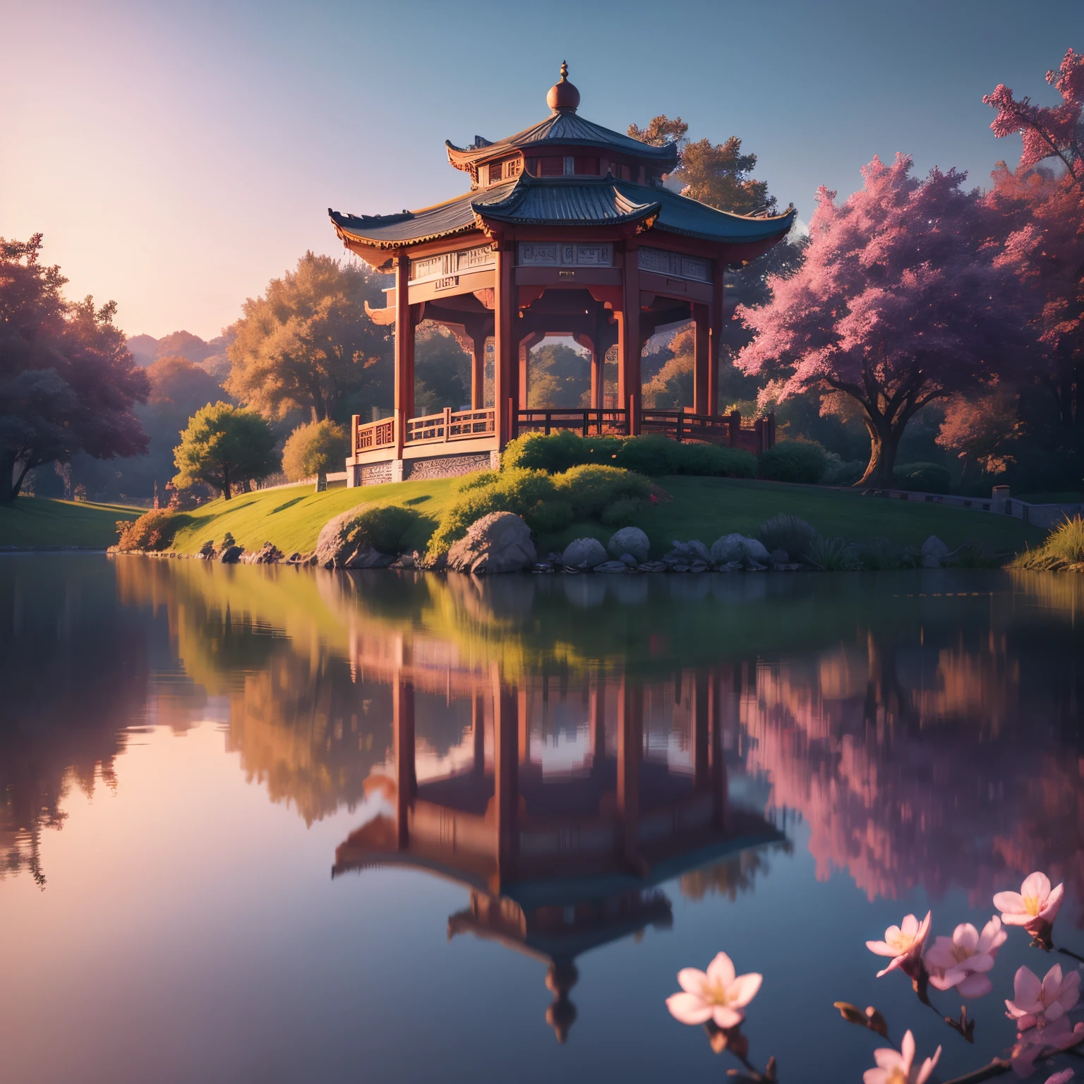 A gazebo on the lake，Sparkling water surface，the day，purple tones，Paper sculpture x1.5，Tilt-Shift，Cloud x1.3，Plum blossom x1.2，Soft lighting，Oriental elements，Dreamy，Pastel colors，Bright colors，Traditional Chinese color scheme，reasonable design，Clear lines，High sharpness，Best quality，Very detailed，Masterpiece，offcial art，movie light effect，4K