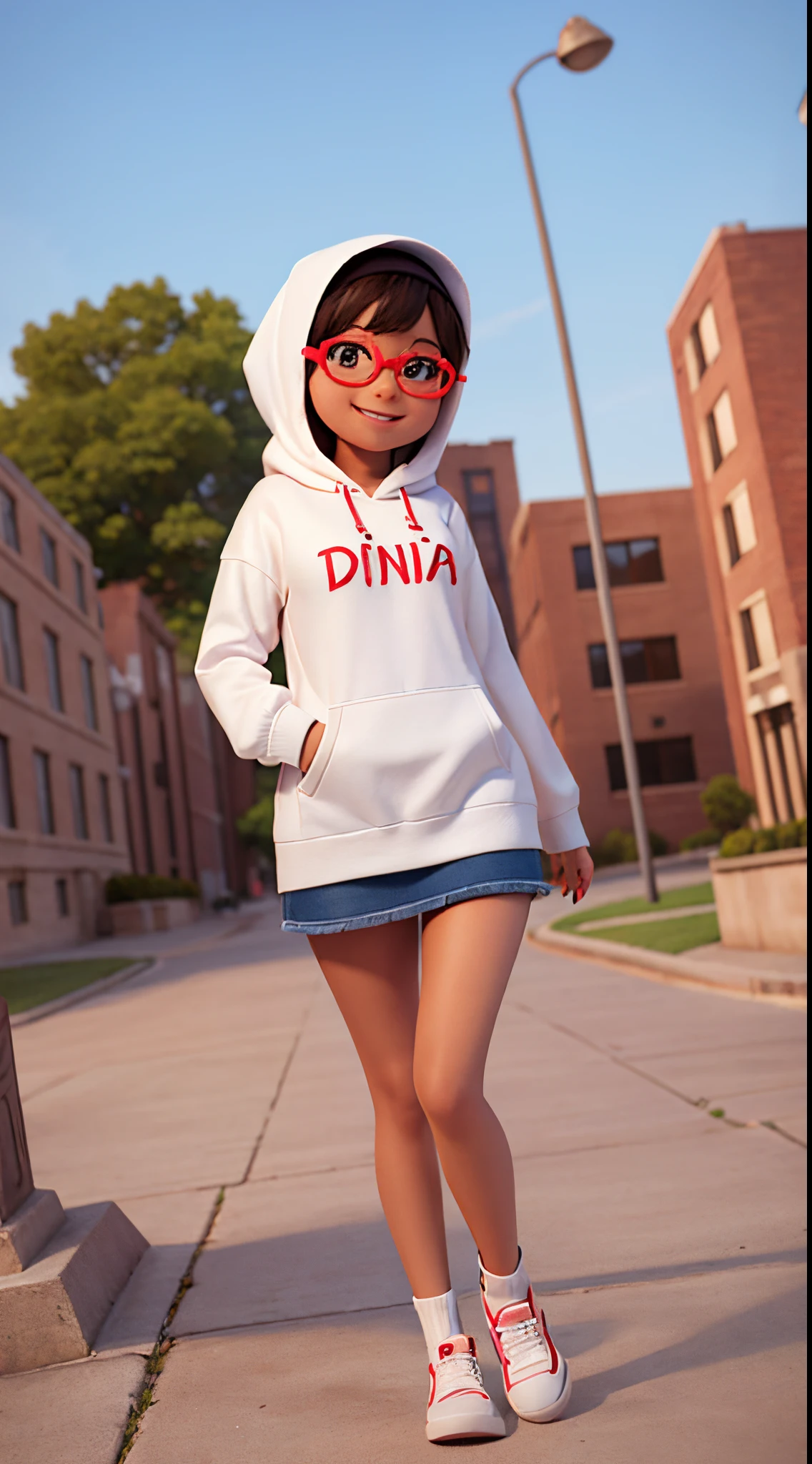 a girl wearing a hoodie, hijab, smiling, bright skin, wearing glasses, has the word "DINDA" written on her chest, campus yard in the background