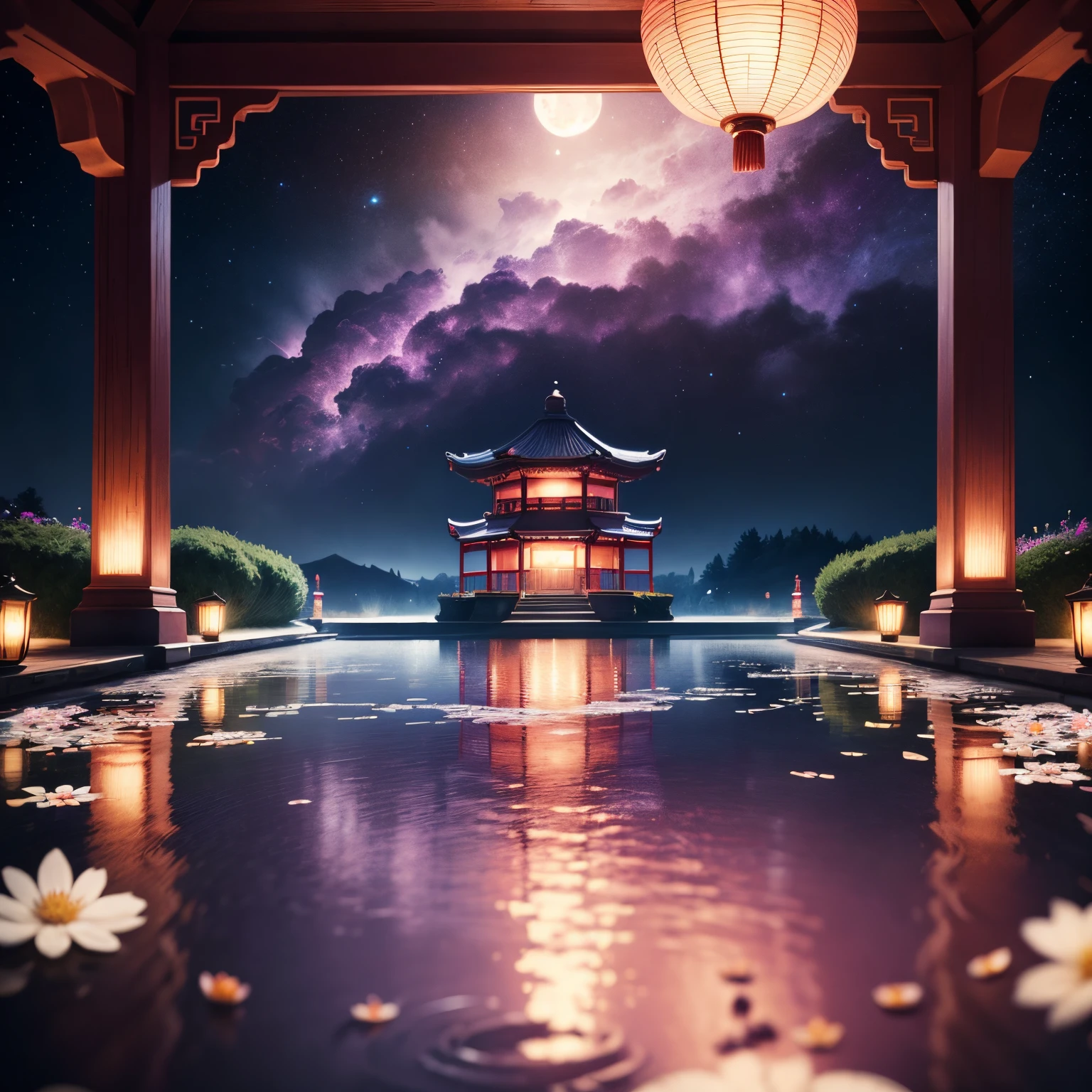 A gazebo on the lake，Sparkling water surface，the night，Huge moon background，Purple tones，Paper sculpture x1.5，Tilt-Shift，Cloud x1.3，Plum blossom x1.2，Soft lighting，Oriental elements，Dreamy，Pastel colors，Bright colors，Traditional Chinese color scheme，reasonable design，Clear lines，High sharpness，Best quality，Very detailed，Masterpiece，offcial art，movie light effect，4K