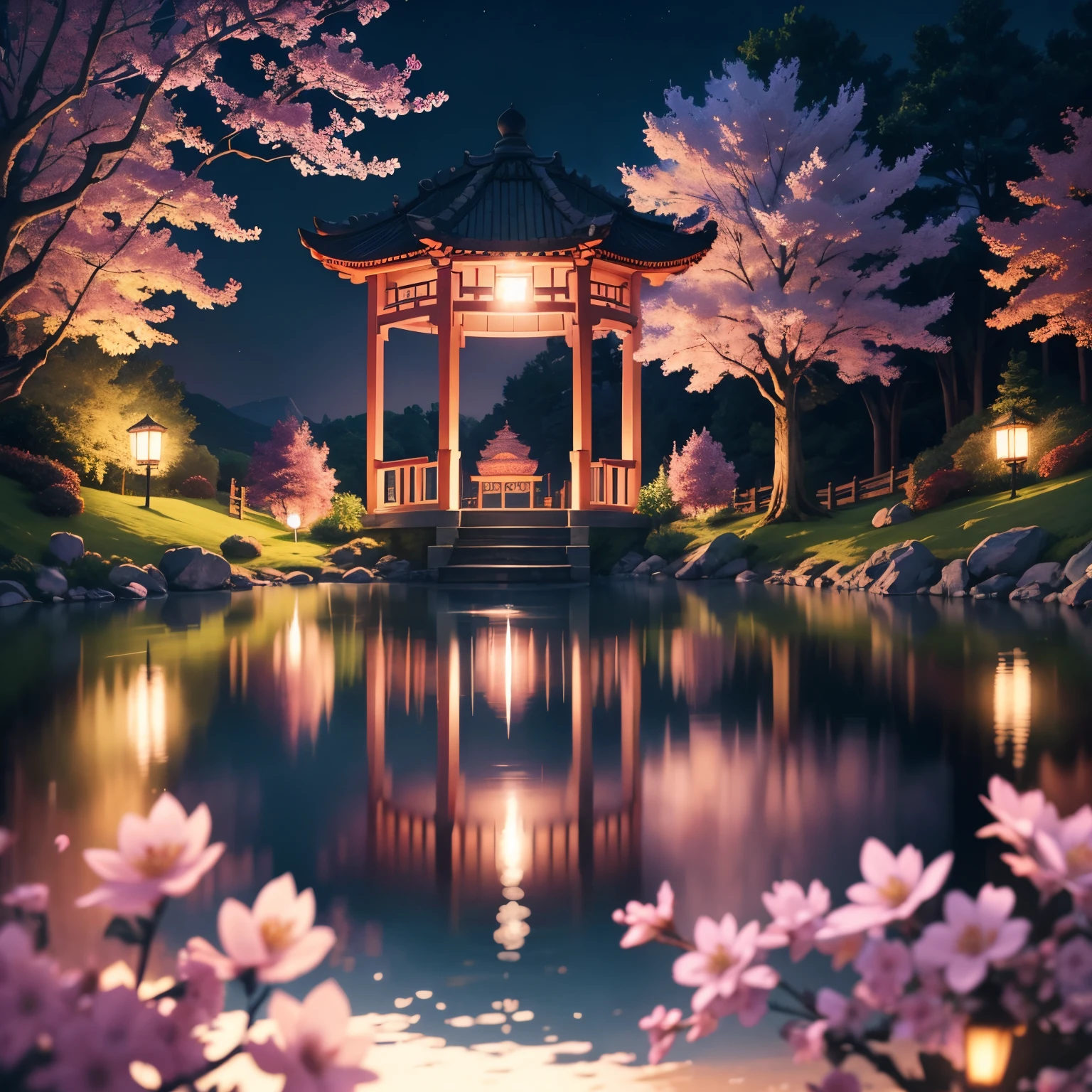 A gazebo on the lake,Sparkling water surface,the day,purple tones,Paper sculpture x1.5,Tilt-Shift,Cloud x1.3,Plum blossom x1.2,Soft lighting,Oriental elements,Dreamy,Pastel colors,Bright colors,Traditional Chinese color scheme,reasonable design,Clear lines,High sharpness,Best quality,Very detailed,Masterpiece,offcial art,movie light effect,4K