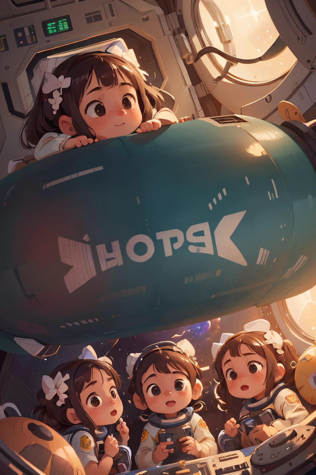 High Detail, Ultra Detail, 8K, Ultra High Resolution there is four cute and innocent girls, enjoying her time in the space station, adding to the playful atmosphere,(masterpiece), best quality, expressive eyes, perfect face