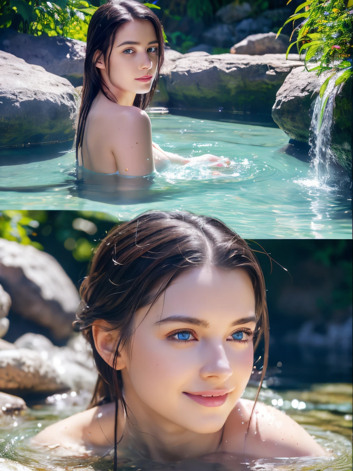Ultra high-definition images，Very beautiful girl happily bathing near a clear cool waterfall Pink skin Blue eyes Black hair Detailed face details Body Realistic model Highly detailed natural scenery CGI 8k resolution Please be careful not to get erotic，