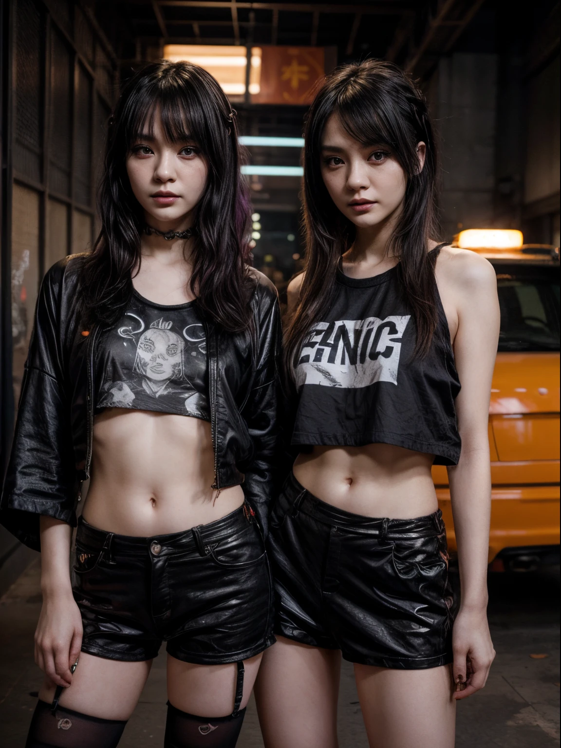 👭, 2chinese girl, pale_skin, random color hair,  randome hairstyles, dark smoky eyes, black eyes liner, black lips, punk rock girl, orange oversized shirt, bottomless, random basic pose, against random epic background