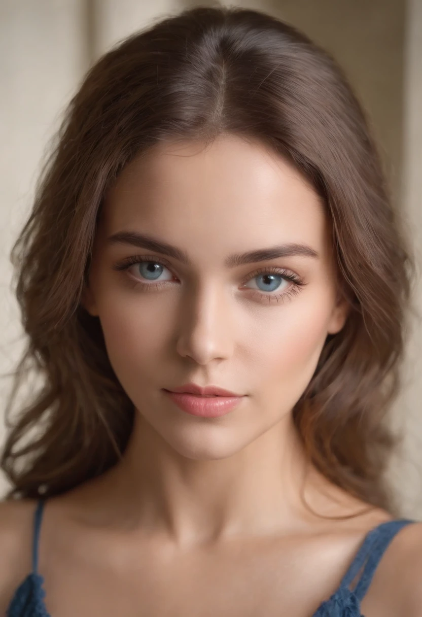 "Retrato de cuerpo entero de una chica encantadora con cabello rizado, small figure, Cara hermosa, Cautivadores ojos azules, and modest bust size, completamente desnuda mostrando su belleza natural."
