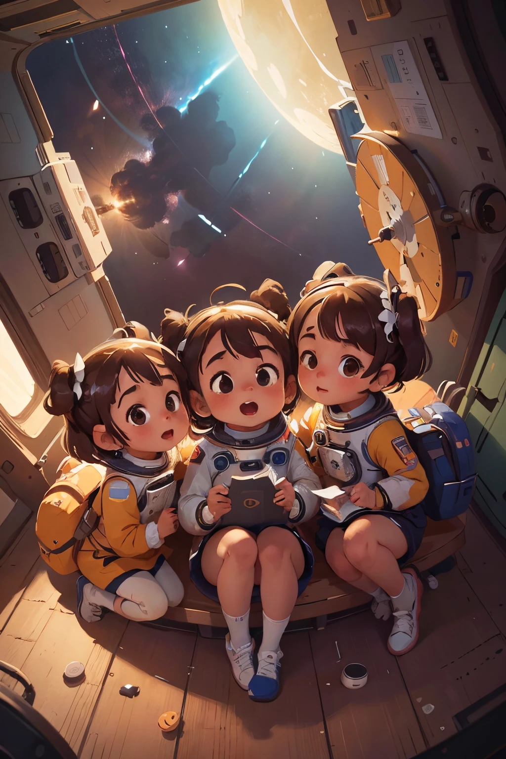 High Detail, Ultra Detail, 8K, Ultra High Resolution there is four cute and innocent girls, enjoying her time in the space station, adding to the playful atmosphere,(masterpiece), best quality, expressive eyes, perfect face
