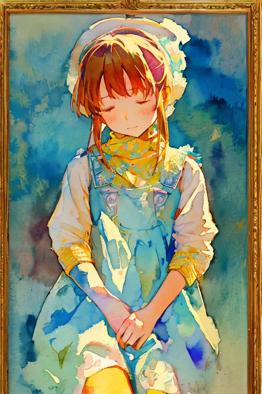 watercolor paiting、Pale shades、Beautiful colors、parfect anatomy、cowboy  shot、Girl Closing Her Eyes、Cute  s