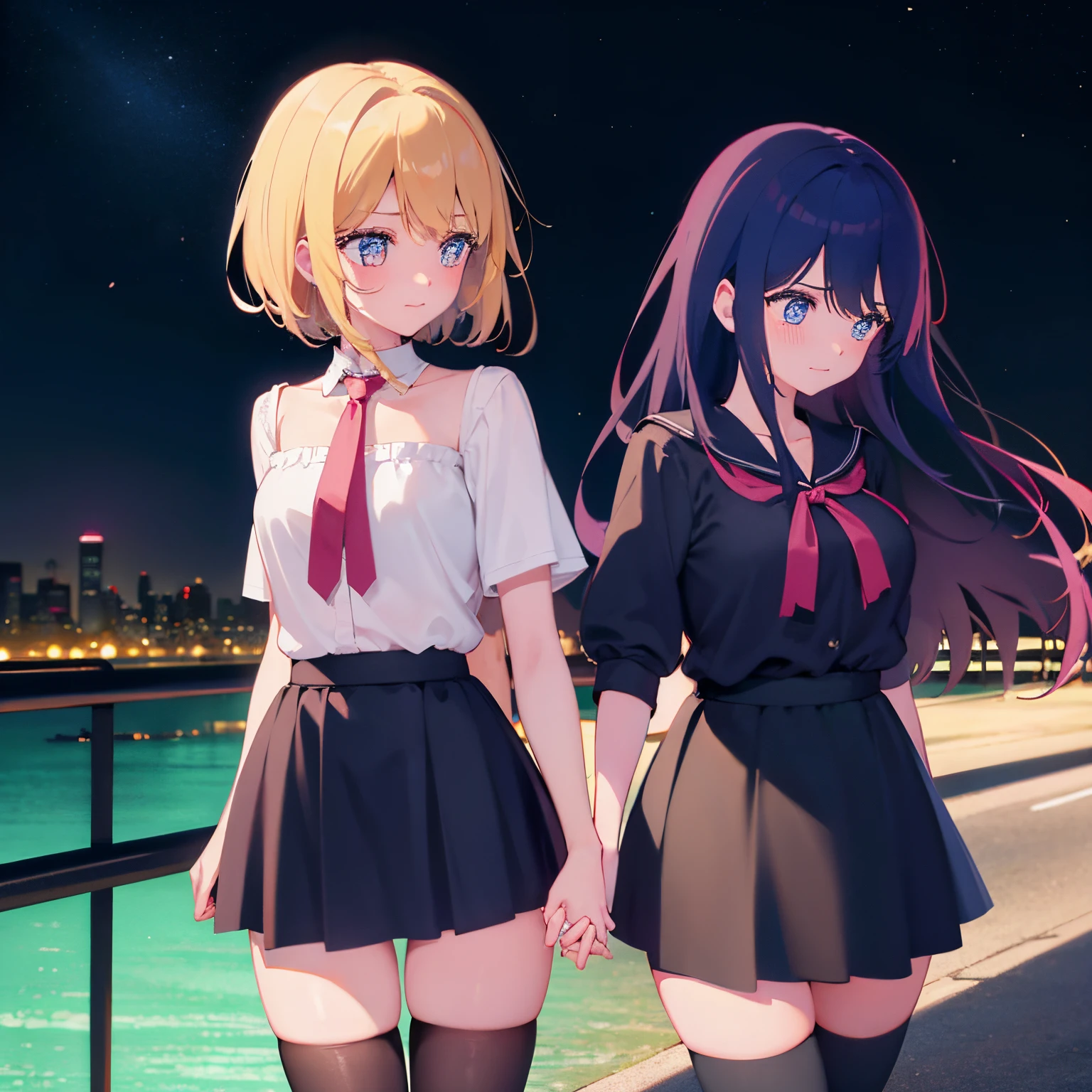 shoujo ai of two loli girls driving a motorcycle on a bridge at night, the girl who is driving the motorcycle is wearing a low-cut short blouse and a short black skirt with sexy stockings and her hair is long, straight blonde with blue eyes behind her holding on to Her waist attached to her back is the other girl with pink hair in a sexy pink school uniform, the starry background has hearts and you can see a comet with a tail with letters with the word "Girls love", both have blushes on their cheeks, with side view, the two girls are looking at each other, both girls are holding hands
