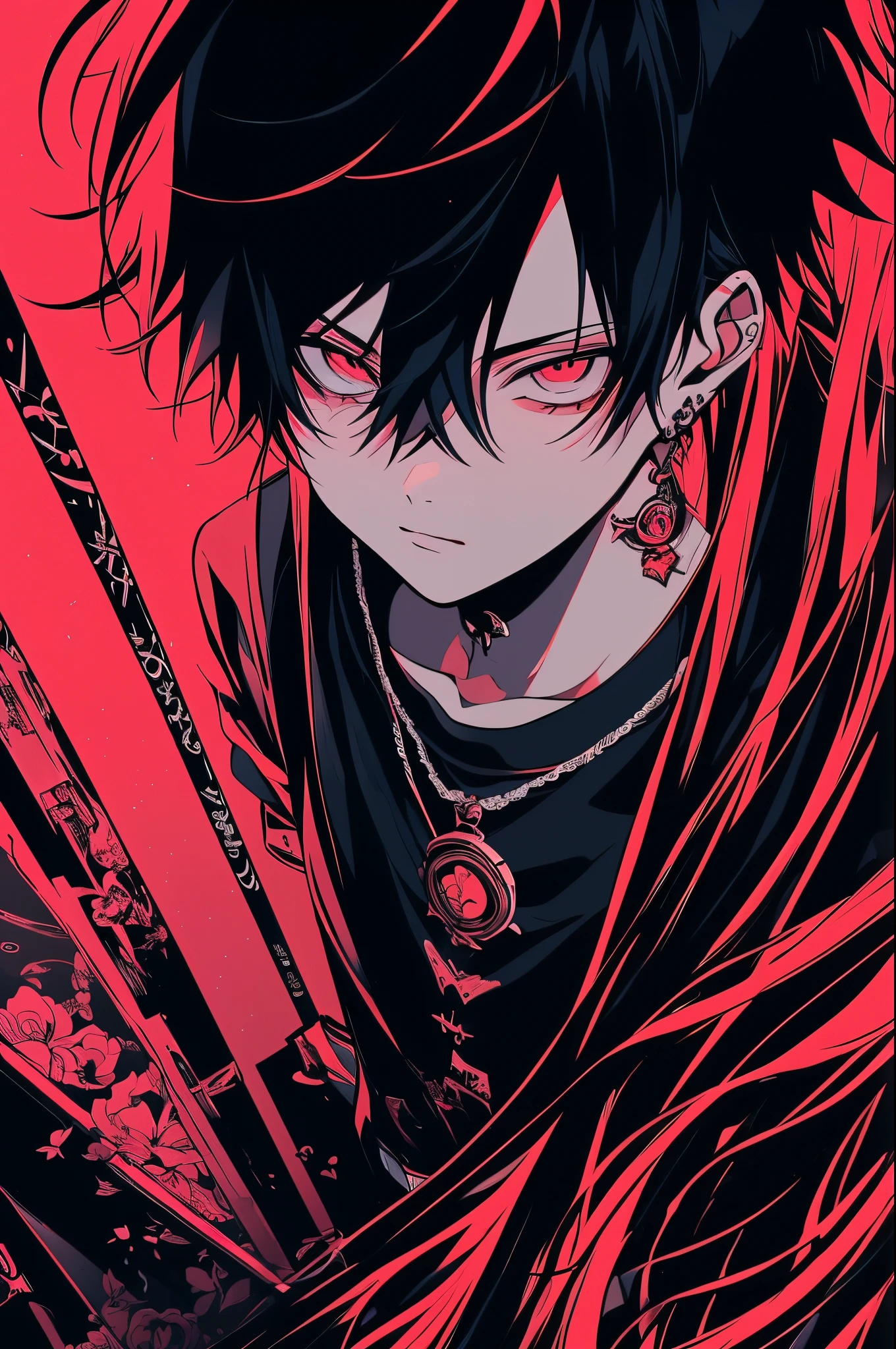 A close up of a person with black hair and red eyes - SeaArt AI