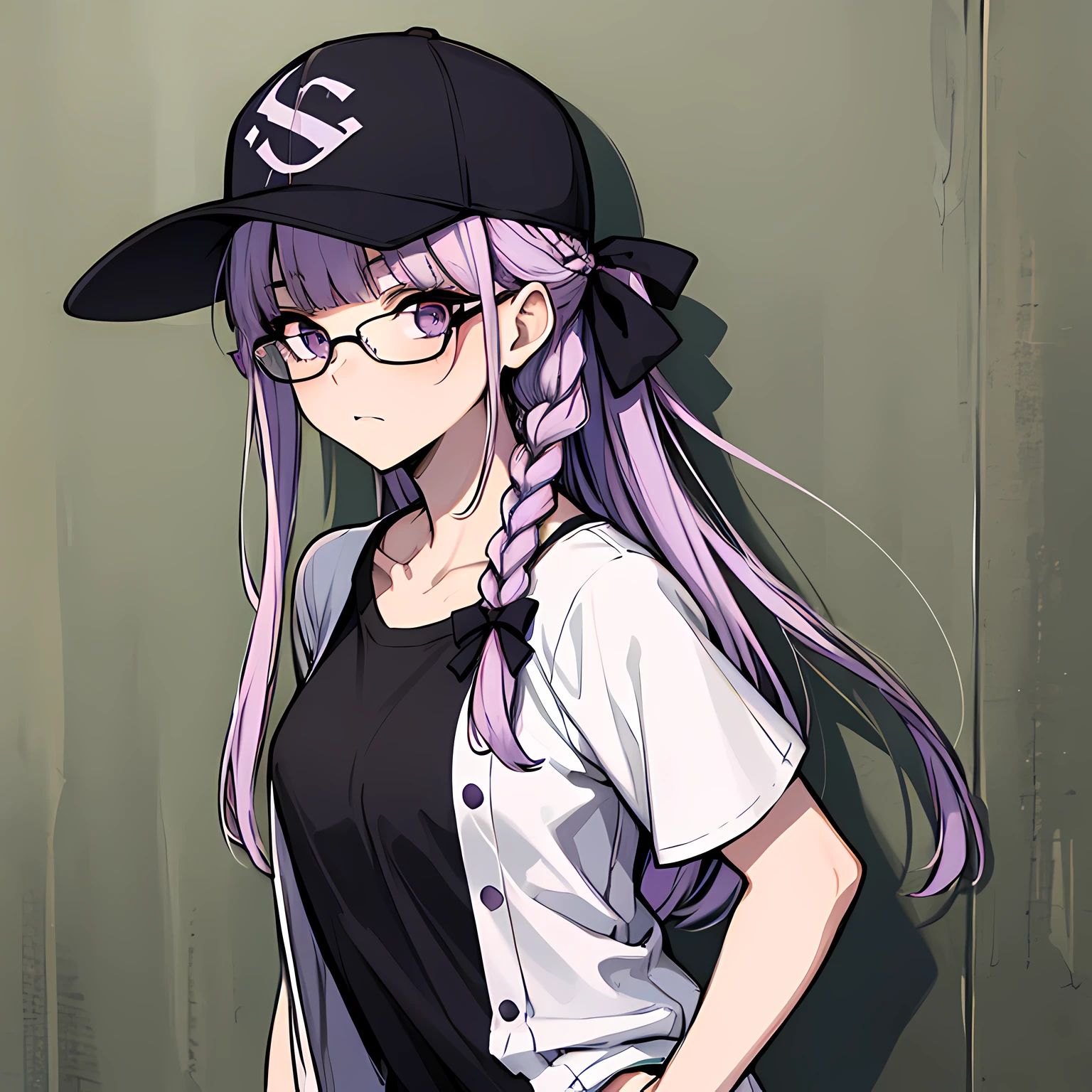 (absurdres, 8k, 4k, masterpiece, hyper extreme detailed:1.2), solo, front view portrait, best quality, portrait, solo, adult, cowboyshot, perfect anatomy, 1girl, perfect face, expressive eyes, perfect eyes, t-shirt, standing up, standing against wall, standing, kyoko kirigiri, (braid:1.1), hair behind ear, long hair, (side braid:1.1), light purple hair, hair ribbon, ribbon, (purple eyes:1.1), t-shirt, casualwear, baseball cap, glasses half body, dynamic pose, forward view, looking at viewer, stoic, uninterested, medium bust, hands in pockets,  aakyoko, long hair, purple hair, side braid, blunt bangs, hair ribbon, black ribbon