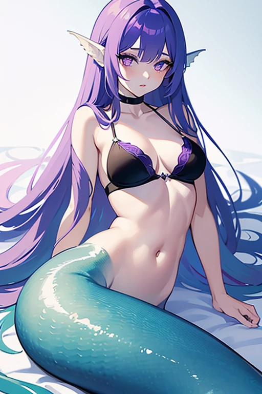 adult mermaid girl with white skin, very long violet hair, purple eyes with cyan eyelashes, black sclera, light blue bra and light blue mermaid tail