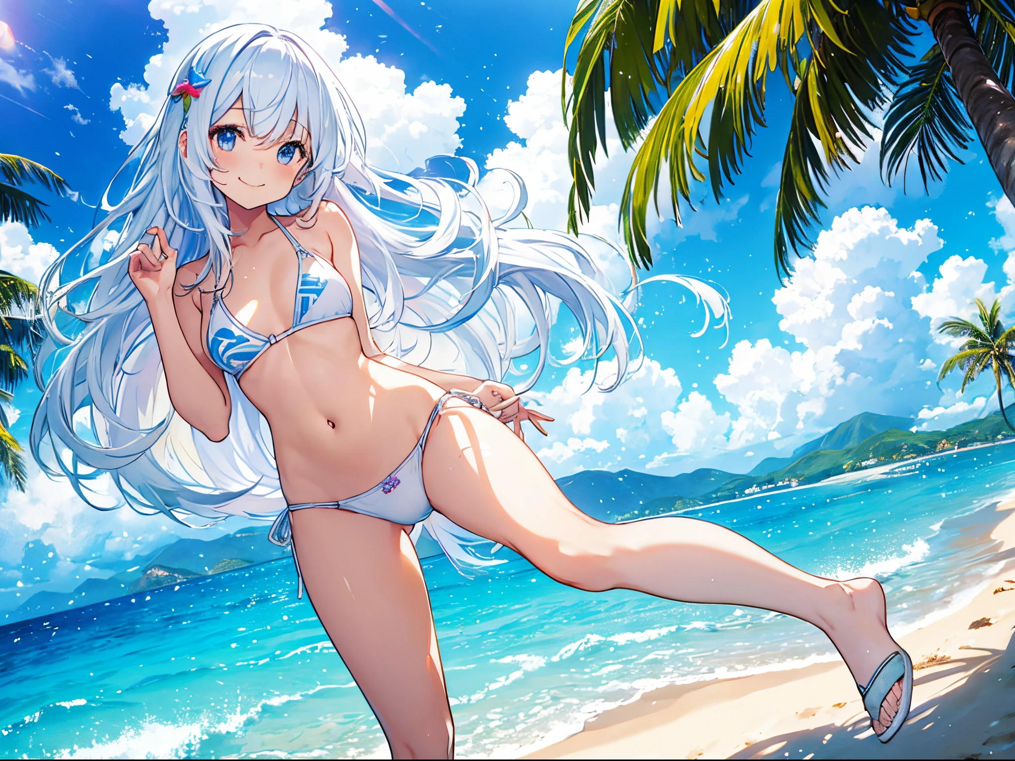 a girl、high female、a picture、realisticlying、top-quality、adopt、A detailed face、rainbow long hair、lightly smileing,Southern island、tropical white sand beach,full body Esbian、White Bikini、a detailed backgrounds、diffuse sunlight、depth of fields、Bokeh,dutch angle