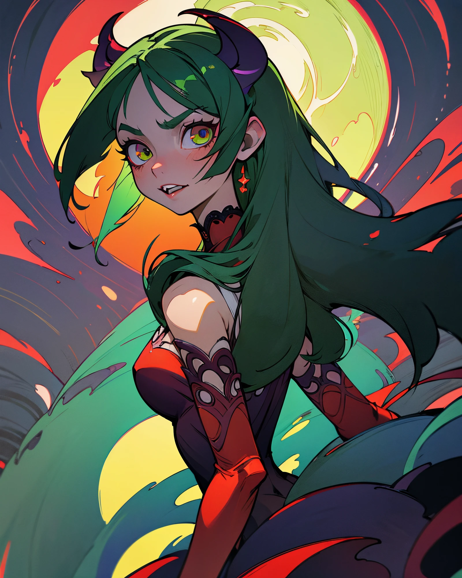 (best quality, masterpiece, colorful, dynamic angle, highest detailed)upper body photo, fashion photography of cute succubus girl, gothic, large demon red wings (high resolution textures), long green hair, (abstract art), half demon, crimson cat iris, cat eyes, vampire very long fangs, (intricate details, hyperdetailed:1.15), detailed, moonlight passing through hair, (official art, extreme detailed, highest detailed),