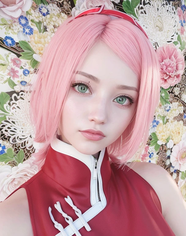 young woman, pale skin, short bubblegum pink hair, jade green eyes, red lips, red clothes, Sakura Haruno, realism, 3d