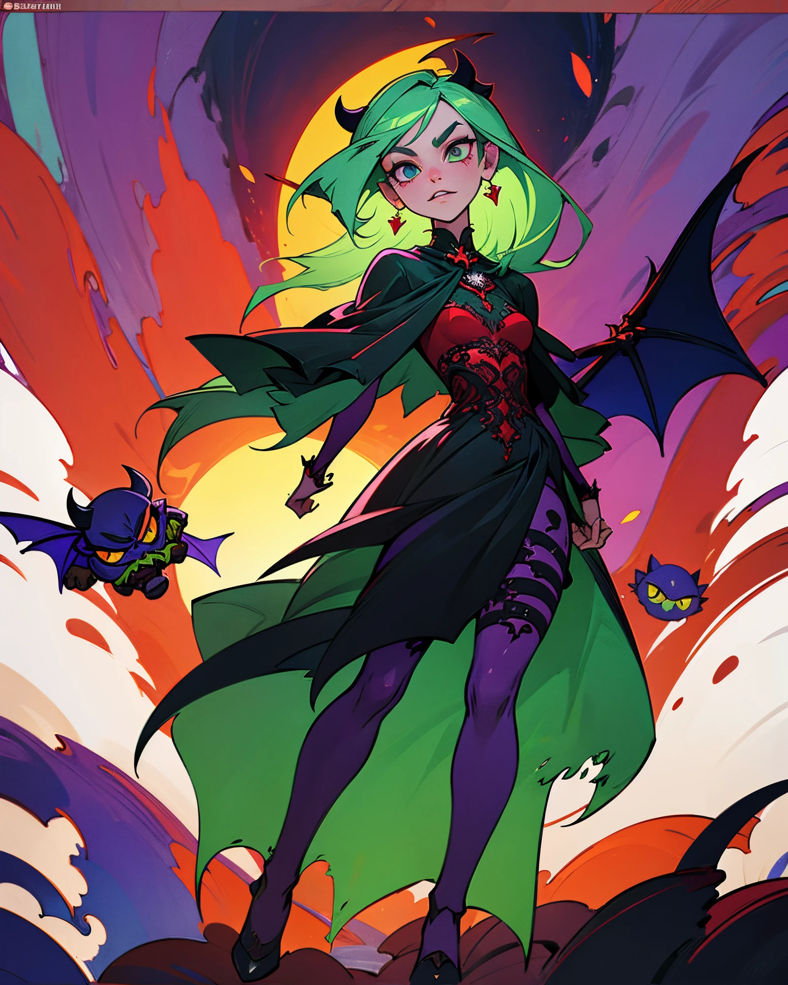 (best quality, masterpiece, colorful, dynamic angle, most detailed) full body, succubus girl, goth, big red demon wings (high resolution textures), long green hair, (abstract art), half demon, crimson iris of a cat, cat's eyes, very long vampire fangs, (intricate detail, hyper-detailed: 1.15), detailed, moonlight passing through hair, (official art, extremely detailed, more detailed),
