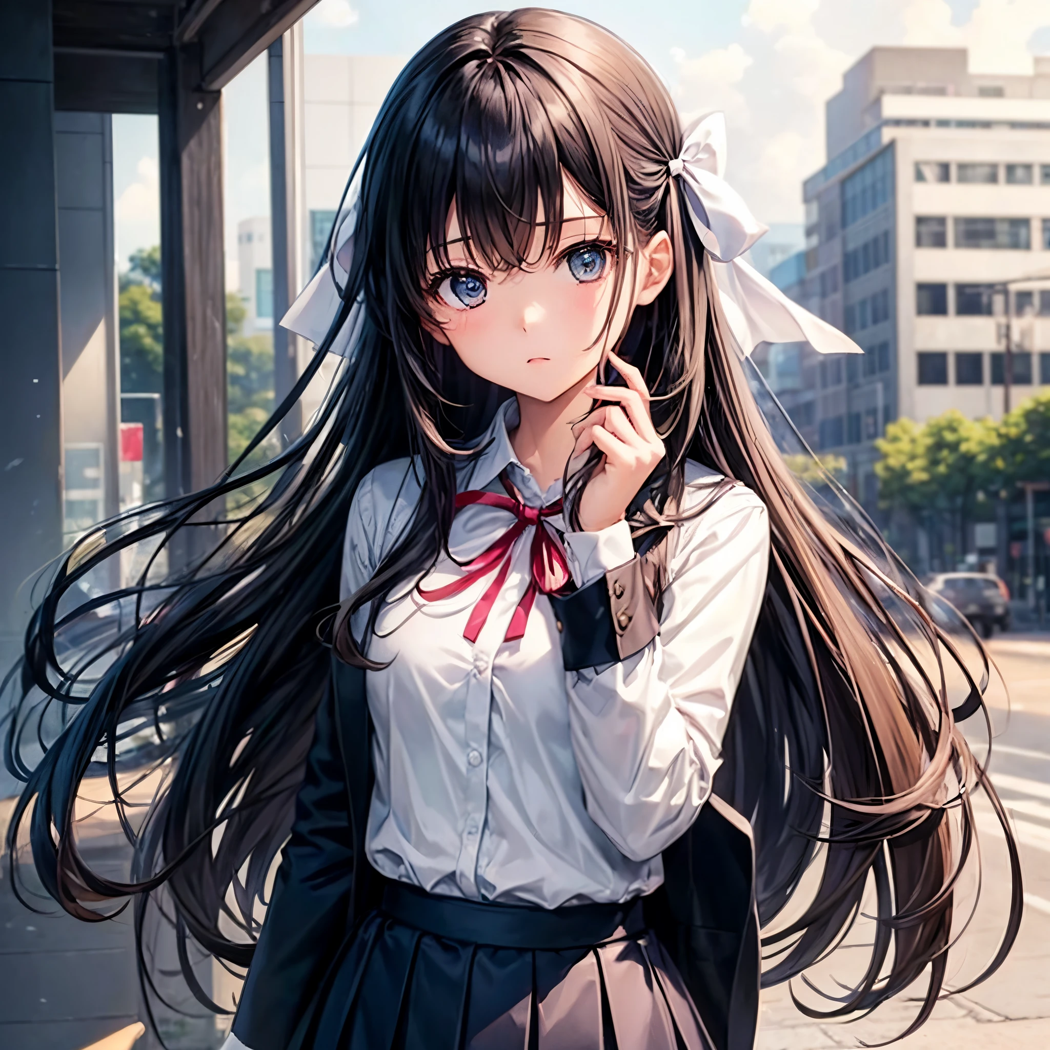 one girls、animations、length hair、Light black hair、brown-eyed、blazers、(Plain white shirt)、(bow ribbon)、(Dark blue skirt)、Puzzled face、hightquality、best qualtiy、Front perspective、full bodyesbian