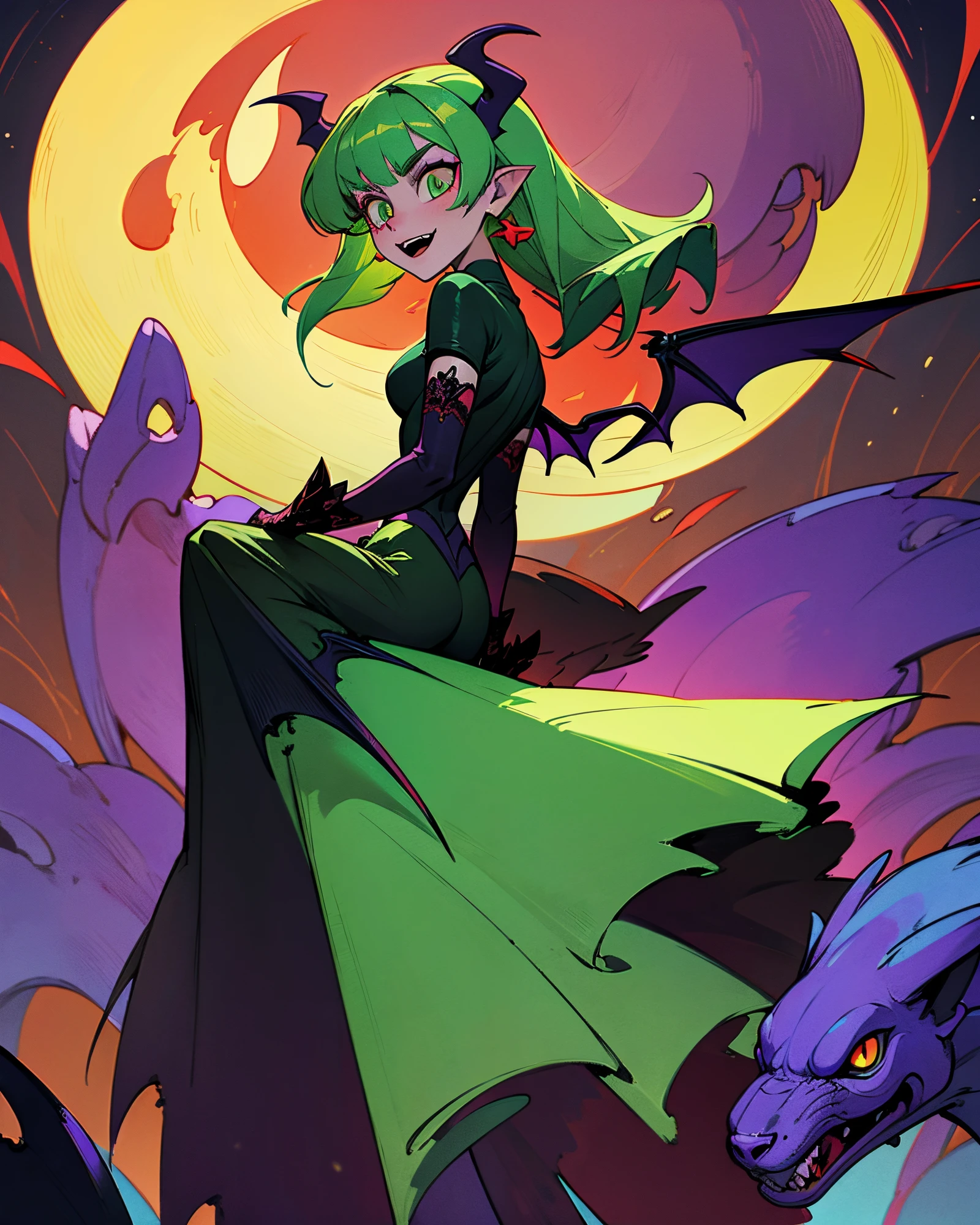 (Morrigan) (long green hair)(black dress) (smiling) (full body) (highest quality) (high quality) (large moon and stars in the background) (a large bloody wine cup in hand)