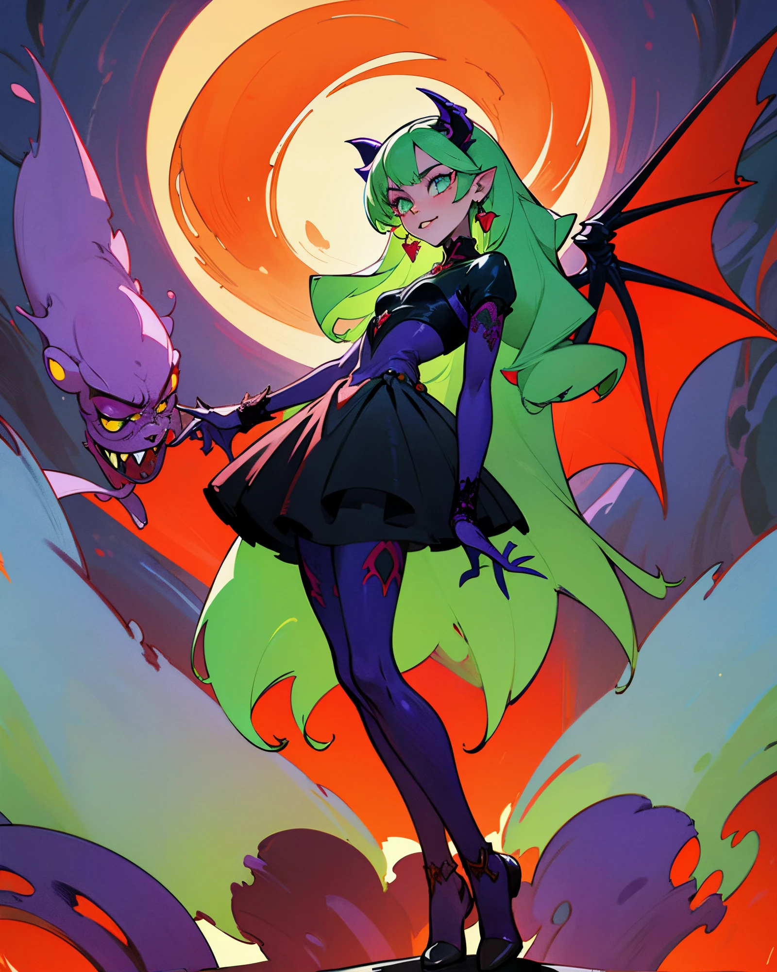 (best quality, masterpiece, colorful, dynamic angle, most detailed) full body, succubus girl, goth, big red demon wings (high resolution textures), long green hair, (abstract art), half demon, crimson iris of a cat, cat's eyes, very long vampire fangs, (intricate detail, hyper-detailed: 1.15), detailed, moonlight passing through hair, (official art, extremely detailed, more detailed),