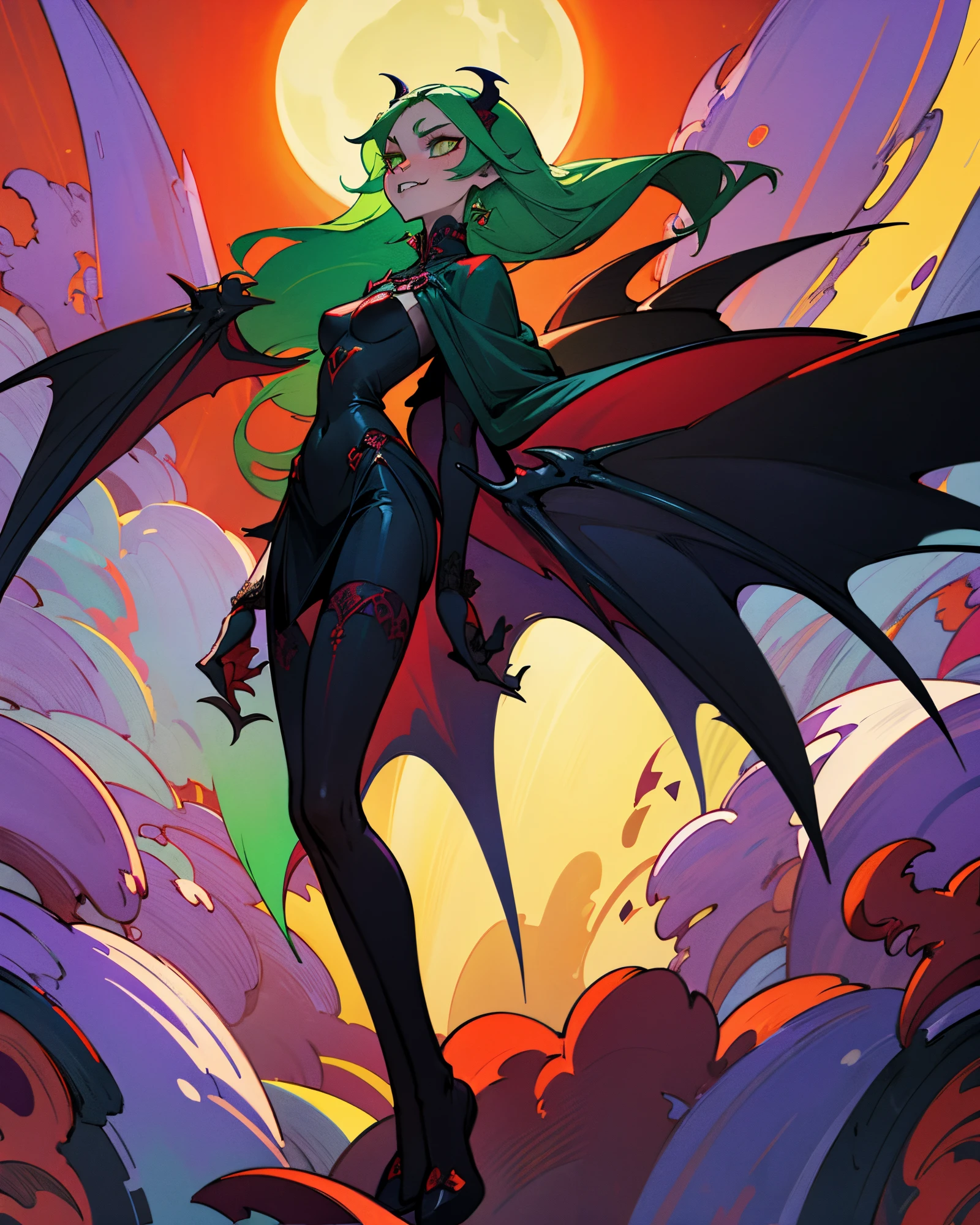 (best quality, masterpiece, colorful, dynamic angle, most detailed) full body, succubus girl, goth, big red demon wings (high resolution textures), long green hair, (abstract art), half demon, crimson iris of a cat, cat's eyes, very long vampire fangs, (intricate detail, hyper-detailed: 1.15), detailed, moonlight passing through hair, (official art, extremely detailed, more detailed),