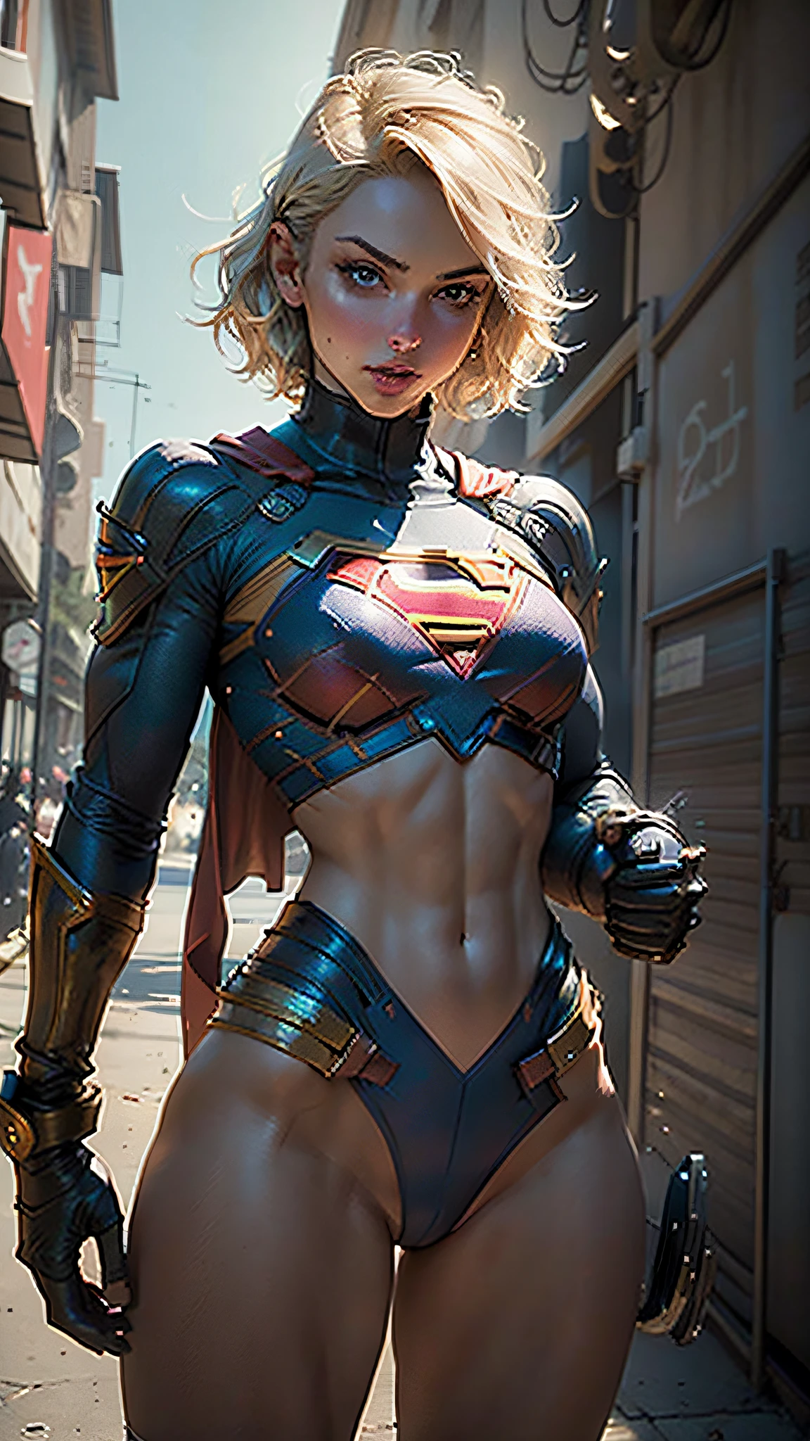 "((Best quality,best lighting)), (nsfw: 1.4), Beautiful model with short hair and athletic body, portant un cosplay Supergirl, Accentuated and highlighted breasts, pose dynamique, colorful background, high saturation, vibrant lights."