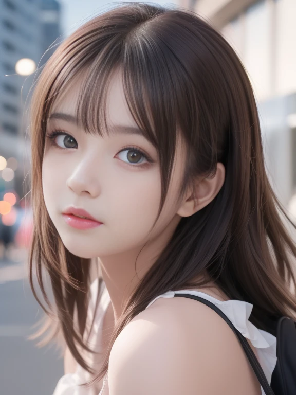 (8k raw photos, highest quality, masterpiece, 8k-UHD), (realistic, photorealistic: 1.37), (anatomically accurate and realistic skin), ultra high resolution, depth of field, film lighting, film grain, very cute 16 year old girl, tips, red eyes, long eyelash, bags under the eyes, cute face, very detailed eyes and hair, skin with beautiful details, happy smile, brown hair, thick bangs, shiny hair, curly, urban, cityscape,