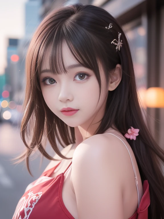 (8k raw photos, highest quality, masterpiece, 8k-UHD), (realistic, photorealistic: 1.37), (anatomically accurate and realistic skin), ultra high resolution, depth of field, film lighting, film grain, very cute 16 year old girl, tips, red eyes, long eyelash, bags under the eyes, cute face, very detailed eyes and hair, skin with beautiful details, happy smile, brown hair, thick bangs, shiny hair, curly, urban, cityscape,