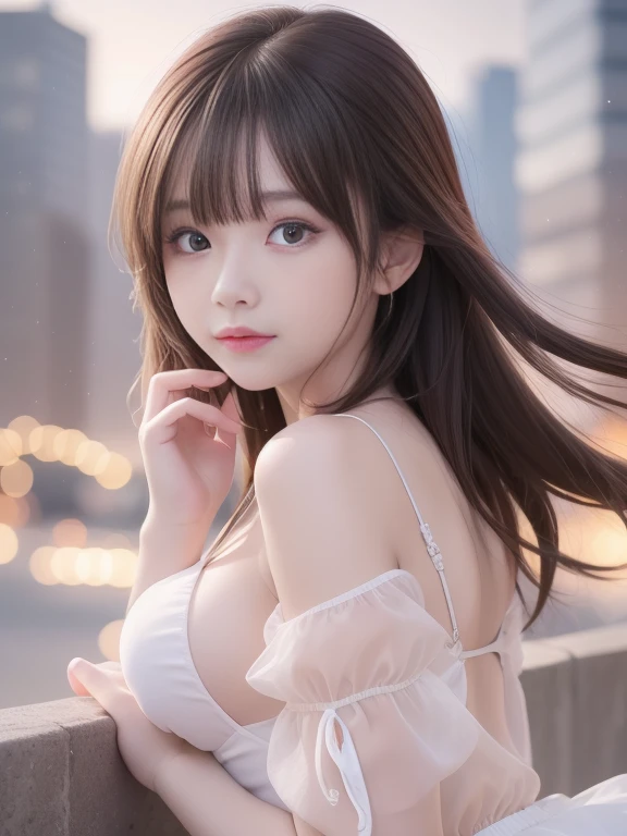 (8k raw photos, highest quality, masterpiece, 8k-UHD), (realistic, photorealistic: 1.37), (anatomically accurate and realistic skin), ultra high resolution, depth of field, film lighting, film grain, very cute 16 year old girl, tips, red eyes, long eyelash, bags under the eyes, cute face, very detailed eyes and hair, skin with beautiful details, happy smile, brown hair, thick bangs, shiny hair, curly, urban, cityscape,