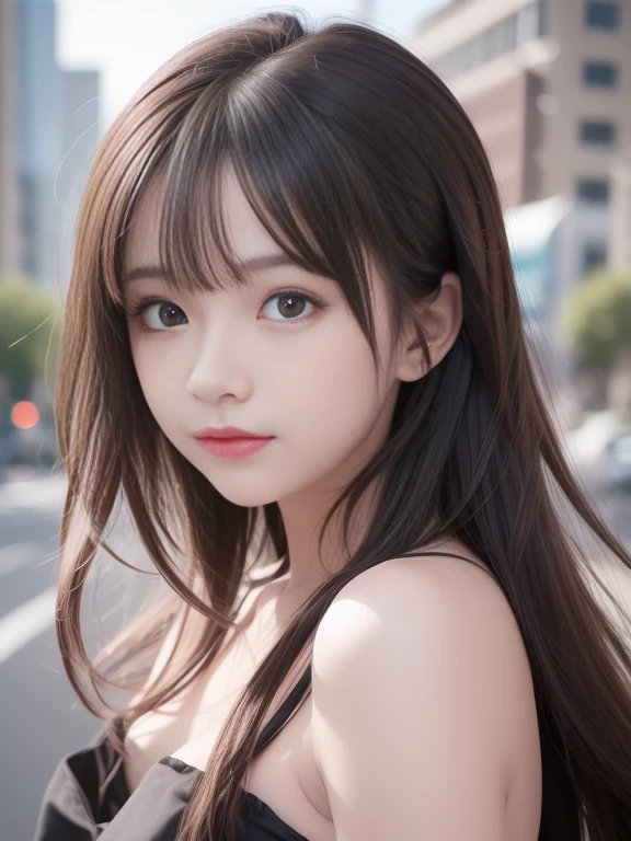 (8k raw photos, highest quality, masterpiece, 8k-UHD), (realistic, photorealistic: 1.37), (anatomically accurate and realistic skin), ultra high resolution, depth of field, film lighting, film grain, very cute 16 year old girl, tips, red eyes, long eyelash, bags under the eyes, cute face, very detailed eyes and hair, skin with beautiful details, happy smile, brown hair, thick bangs, shiny hair, curly, urban, cityscape,