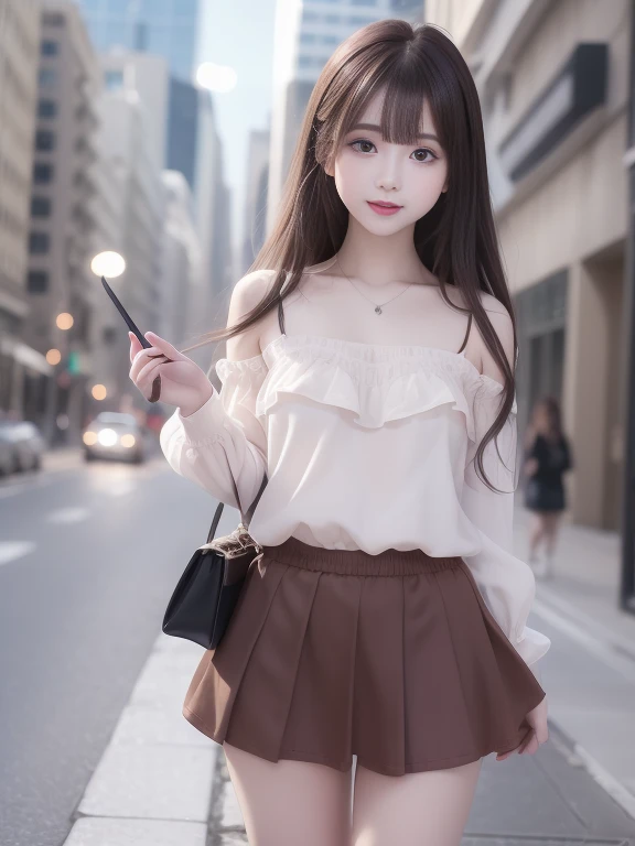 (8k RAW photo、top-quality、​masterpiece、8k-UHD)、(realisitic、Photorealsitic:1.37)、(Anatomically accurate and realistic skin)、超A high resolution、 depth of fields、Film lighting、film grains、Very cute 16 year old girl、tareme、red eyes、longeyelashes、bags under eyes、cute  face、Highly detailed eyes and hair、Skin with beautiful details、Happy smiling face、brown haired、thick bangs、shinny hair、curlyhair、Ultra Miniskirt、Will、Cityscape、