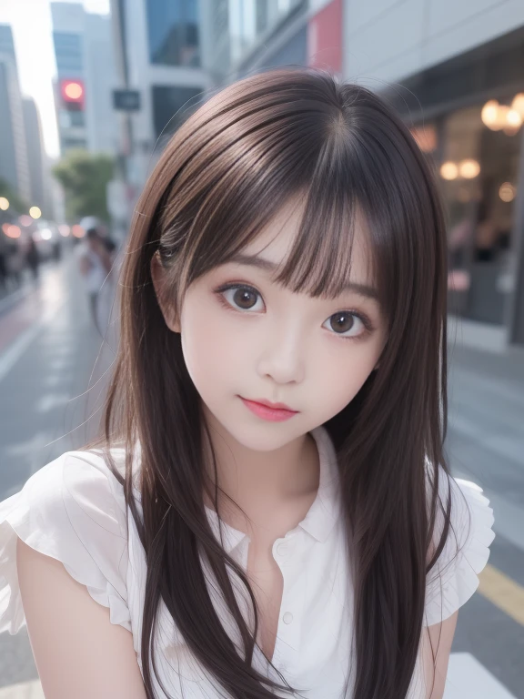 (8k RAW photo、top-quality、​masterpiece、8k-UHD)、(realisitic、Photorealsitic:1.37)、(Anatomically accurate and realistic skin)、超A high resolution、 depth of fields、Film lighting、film grains、Very cute  girl、tareme、red eyes、longeyelashes、bags under eyes、cute  face、Highly detailed eyes and hair、Skin with beautiful details、Happy smiling face、brown haired、thick bangs、shinny hair、curlyhair、Ultra Miniskirt、Will、Cityscape、