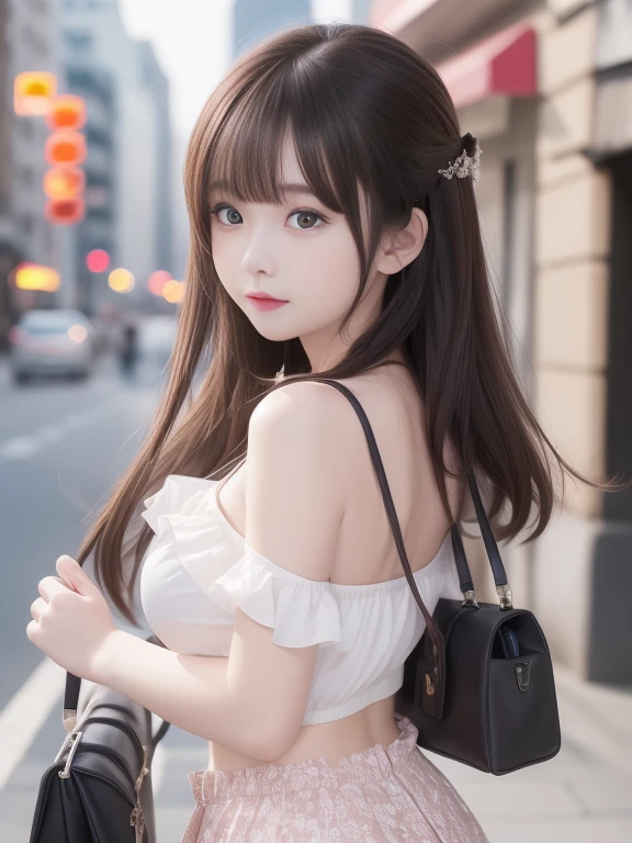 (8k RAW photo、top-quality、​masterpiece、8k-UHD)、(realisitic、Photorealsitic:1.37)、(Anatomically accurate and realistic skin)、超A high resolution、 depth of fields、Film lighting、film grains、Very cute  girl、tareme、red eyes、longeyelashes、bags under eyes、cute  face、Highly detailed eyes and hair、Skin with beautiful details、Happy smiling face、brown haired、thick bangs、shinny hair、curlyhair、Ultra Miniskirt、Posing looking back、Will、Cityscape、