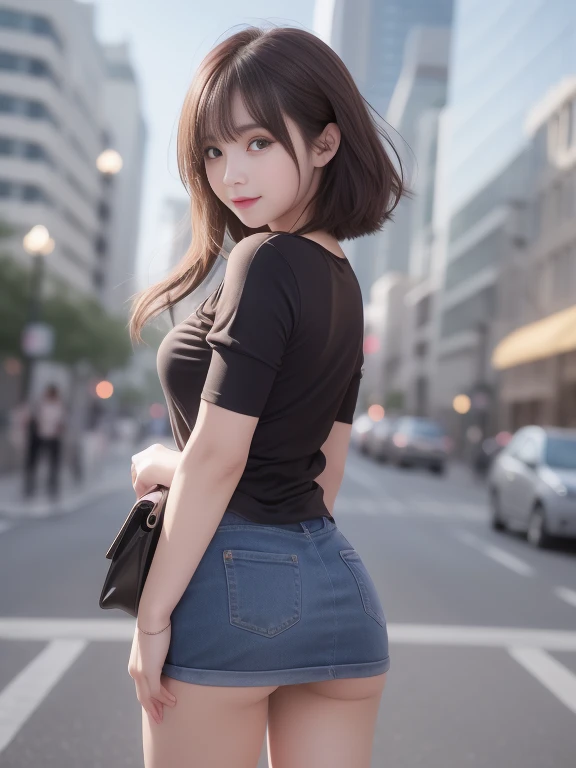 (8k RAW photo、top-quality、​masterpiece、8k-UHD)、(realisitic、Photorealsitic:1.37)、(Anatomically accurate and realistic skin)、超A high resolution、 depth of fields、Film lighting、film grains、Very cute 16 year old girl、tareme、red eyes、longeyelashes、bags under eyes、cute  face、Highly detailed eyes and hair、Skin with beautiful details、Happy smiling face、brown haired、thick bangs、shinny hair、curlyhair、Ultra Miniskirt、((Show me your ass、Posing looking back))Will、Cityscape、