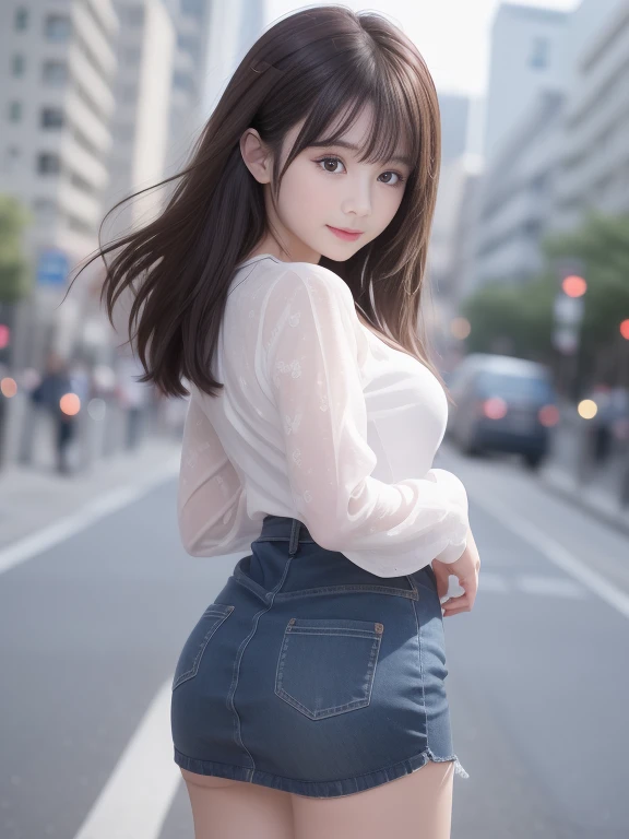 (8k RAW photo、top-quality、​masterpiece、8k-UHD)、(realisitic、Photorealsitic:1.37)、(Anatomically accurate and realistic skin)、超A high resolution、 depth of fields、Film lighting、film grains、Very cute  girl、tareme、red eyes、longeyelashes、bags under eyes、cute  face、Highly detailed eyes and hair、Skin with beautiful details、Happy smiling face、brown haired、thick bangs、shinny hair、curlyhair、Ultra Miniskirt、((Show me your ass、Posing looking back))Will、Cityscape、