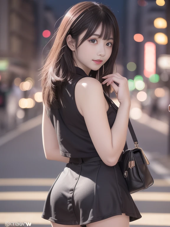 (8k RAW photo、top-quality、​masterpiece、8k-UHD)、(realisitic、Photorealsitic:1.37)、(Anatomically accurate and realistic skin)、超A high resolution、 depth of fields、Film lighting、film grains、Very cute  girl、tareme、red eyes、longeyelashes、bags under eyes、cute  face、Highly detailed eyes and hair、Skin with beautiful details、Happy smiling face、brown haired、thick bangs、shinny hair、curlyhair、Ultra Miniskirt、((Show me your ass、Posing looking back))Will、Cityscape、