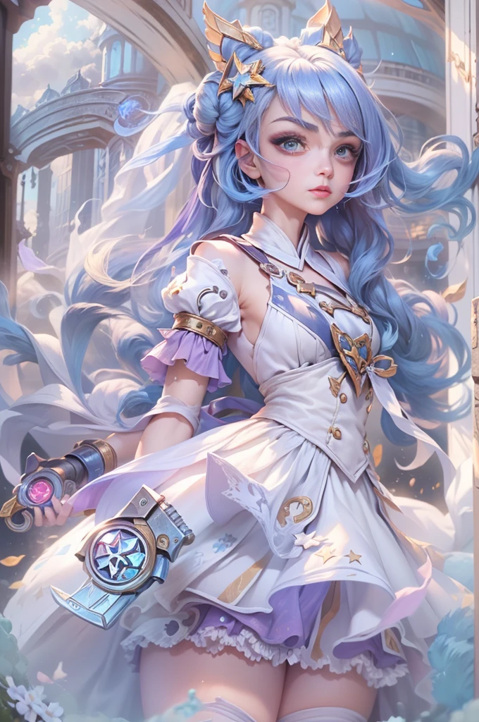 jinxlol, (full bodyesbian, Legs and shoes are visible: 1.2)), Expressive eyes, 1girl, pale-skinned, long whitr hair, The wind blows hair, ((Ridiculously long hair)), Long side lock, hime bangs, Hairline, hair-bun, ((Very long double ponytail, dark-blue hair,)), Be red in the face, His face was flushed, big shiny lavender eyes, (Gradient eyes), mouth open smile, Cute pose, ((With a revolver: 1.5)) , ((Lovely soft fashion)) , Flowing soft white dress, ((Fantasy white open dress)), (Floating ribbons), lavender ruffles, White frills, (Light blue lace), detached short sleeves, Puffy skirt, ((White star print skirt : 1.3)), ((White ta dress)), Purple bow, ((Pompom ribbon hair ornament : 1.4)), striped lace stockings, (Heart shaped leg garters), (White mechanical armor plastic shoes: 1.2), ((Super detailed clothing and fashion)) , ((looking at you)), League of legends game girl, Be red in the face, (美丽细致的眼睛), (extremely detaild的 CG unified 8k wallpapers), ((Extremely Delicately Beautiful)), (detailedlight), ((depth of fields)) big headed, sparkling big eyes, sprout, Splash ink art, 电影灯光, Frontal view, Volumetriclighting, Maxism, photoillustration, 8k, A high resolution, intricately details, complex critical vision, Precise linearity, ((Against the background of a dreamy soft sky, Surrounded by starry clouds, meteors, castle in the clouds)), ((Ultra detailed scenery, Fog clouds, inner strength : 1.3)), jinx \(league of legends\), ((The picture is very bright,bright,high saturated))
