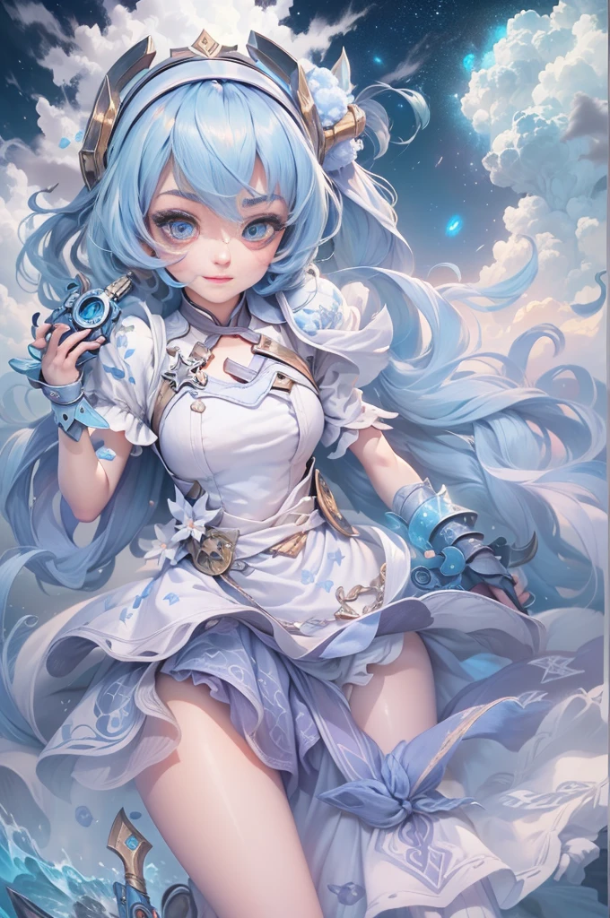 jinxlol, (full bodyesbian, Legs and shoes are visible: 1.2)), Expressive eyes, 1girl, pale-skinned, long whitr hair, The wind blows hair, ((Ridiculously long hair)), Long side lock, hime bangs, Hairline, hair-bun, ((Very long double ponytail, dark-blue hair,)), Be red in the face, His face was flushed, big shiny lavender eyes, (Gradient eyes), mouth open smile, Cute pose, ((With a revolver: 1.5)) , ((Lovely soft fashion)) , Flowing soft white dress, ((Fantasy white open dress)), (Floating ribbons), lavender ruffles, White frills, (Light blue lace), detached short sleeves, Puffy skirt, ((White star print skirt : 1.3)), ((White ta dress)), Purple bow, ((Pompom ribbon hair ornament : 1.4)), striped lace stockings, (Heart shaped leg garters), (White mechanical armor plastic shoes: 1.2), ((Super detailed clothing and fashion)) , ((looking at you)), League of legends game girl, Be red in the face, (美丽细致的眼睛), (extremely detaild的 CG unified 8k wallpapers), ((Extremely Delicately Beautiful)), (detailedlight), ((depth of fields)) big headed, sparkling big eyes, sprout, Splash ink art, 电影灯光, Frontal view, Volumetriclighting, Maxism, photoillustration, 8k, A high resolution, intricately details, complex critical vision, Precise linearity, ((Against the background of a dreamy soft sky, Surrounded by starry clouds, meteors, castle in the clouds)), ((Ultra detailed scenery, Fog clouds, inner strength : 1.3)), jinx \(league of legends\), ((The picture is very bright,bright,high saturated))