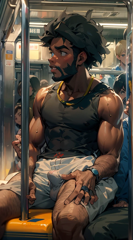 1 black man stopped on the subway, bermuda, dormindo, hand holding the bar, pubic hair visible, BOJO MAIOR, large bulge, large bulge,  subway full of shocked children looking at black, pessoas gravando o preto